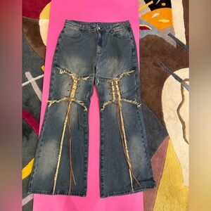 Cider extra Large Flare Cowboy lace up on thighs blue jeans